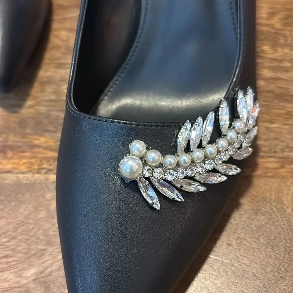 Coutgo Womens Pointed Toe Rhinestones Pumps Kitten 3” Heels Black Slip On Shoe